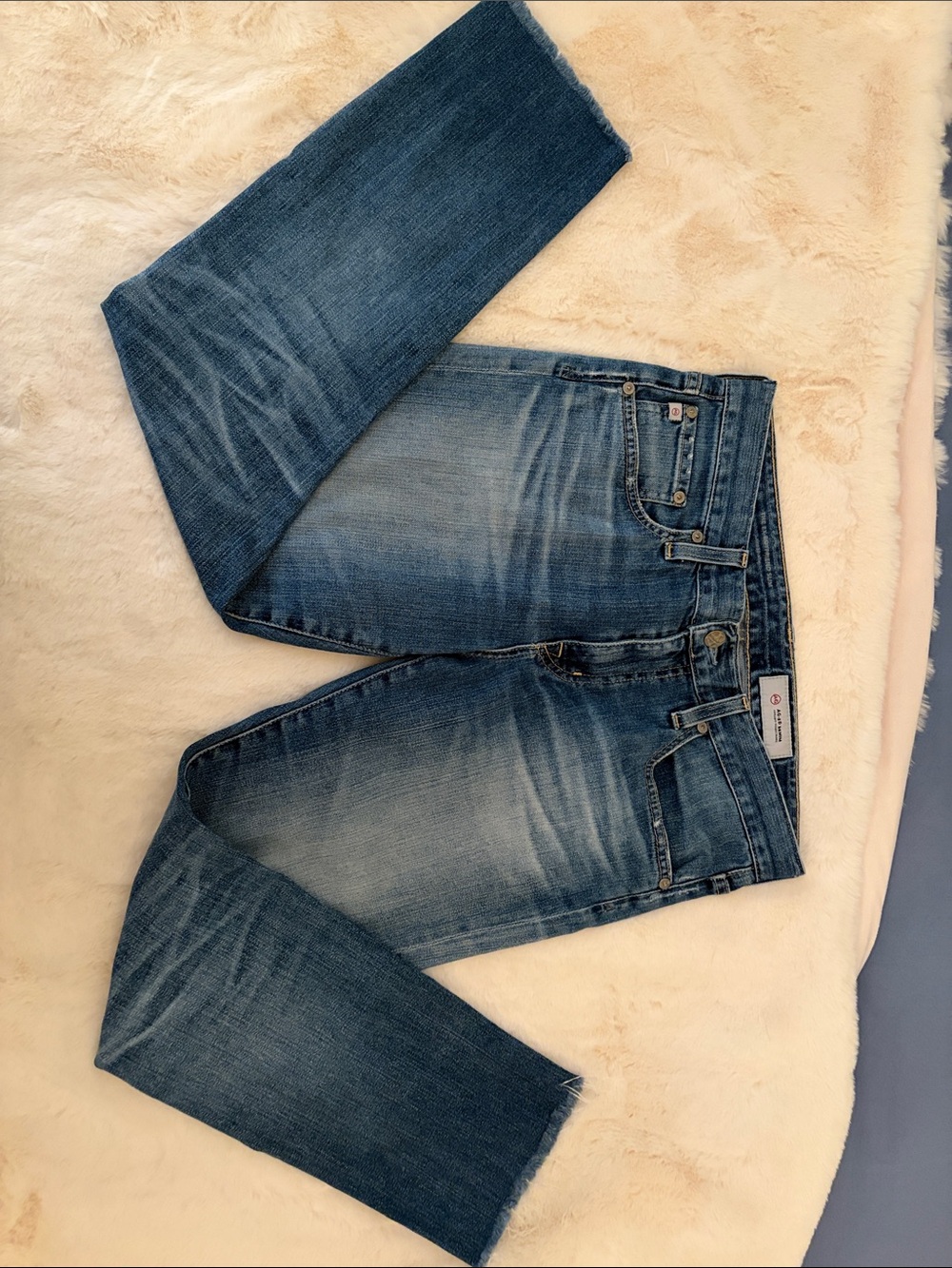 Ag Adriano Goldschmied Faded Blue Straight-Leg Jeans- fringe hem
